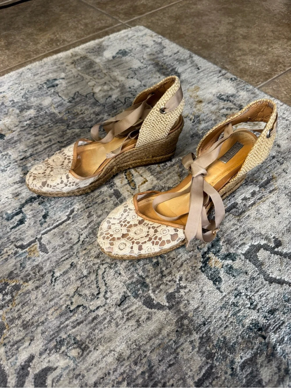 SCHUTZ Beige Lace Espadrille Wedges with Taupe Ankle Tie